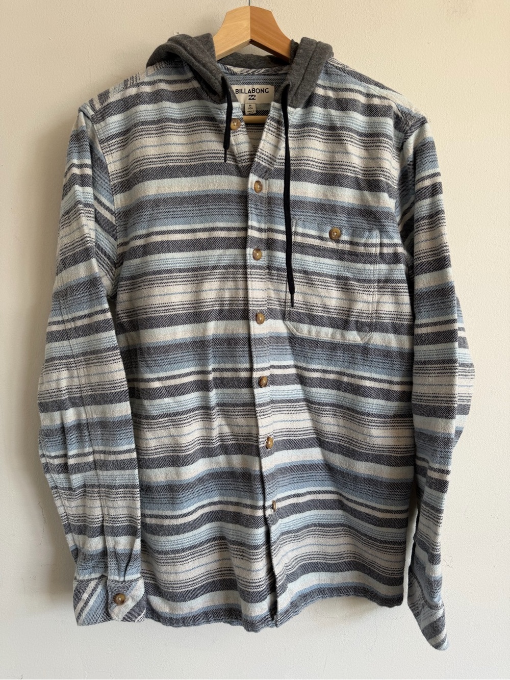 Billabong Striped Hooded Button-Up in Blue & Gray